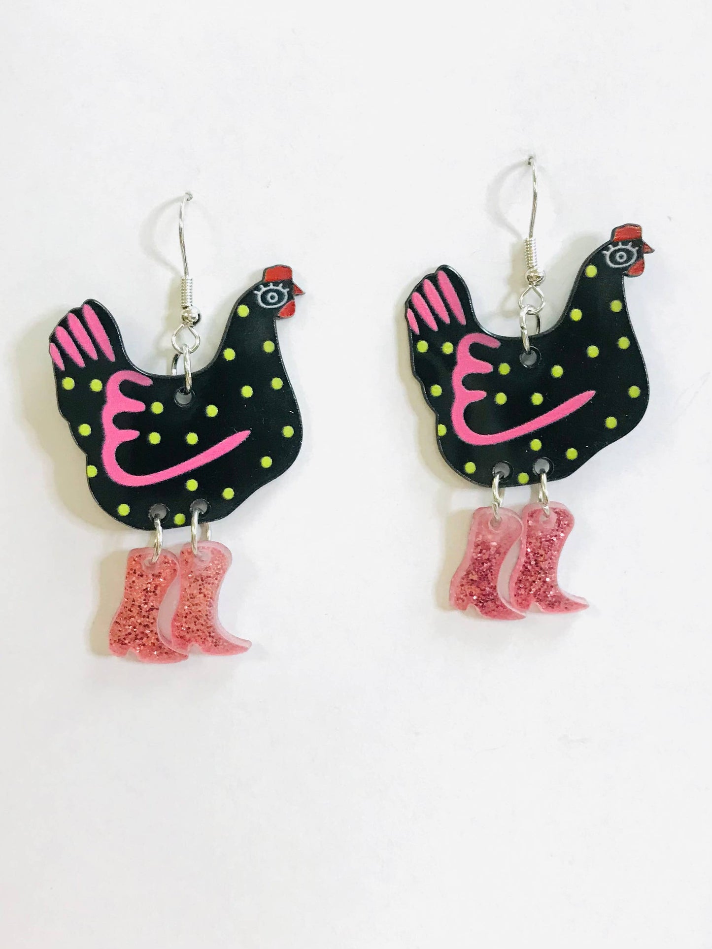 Acrylic Black Hen With Boots Earrings