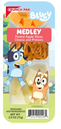 Crunch Pak Snack Featuring Bluey with Fresh Sliced Peeled Apples, Pretzels, and Cheese, 2.5oz Tray