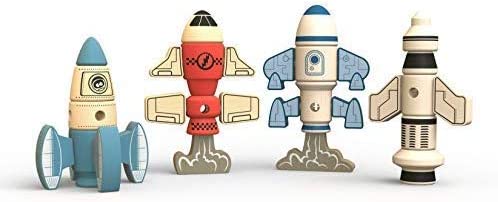 Mix 'n' match wooden rockets are assembled to show some different versions that can be built