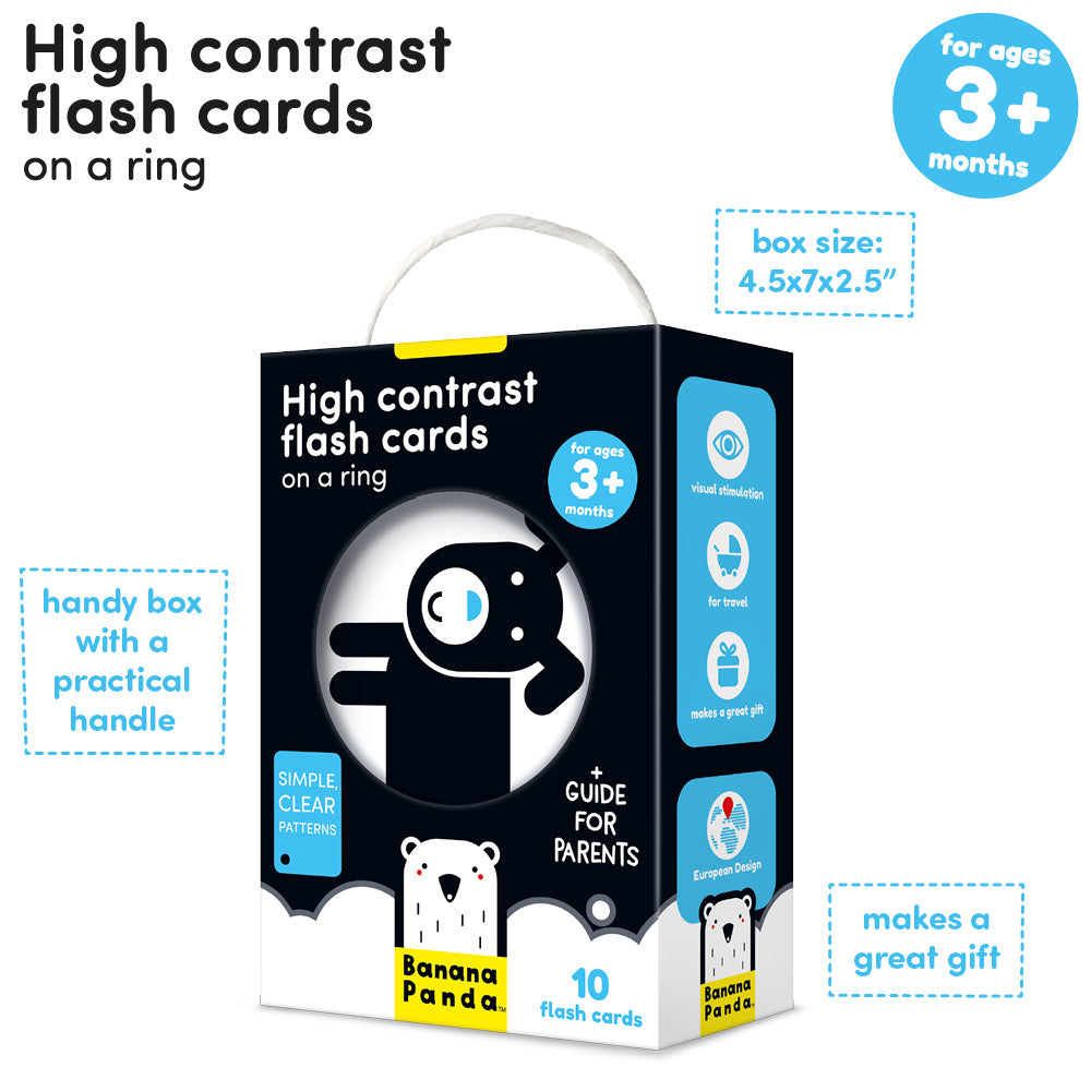 High Contrast Flash Cards on a Ring. Box has a window that shows black puppy with blue nose on white background