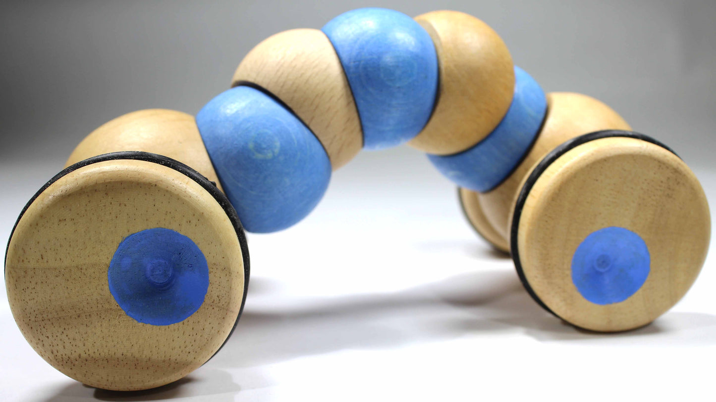 Jointed blue and natural wooden "worm" with four wheels