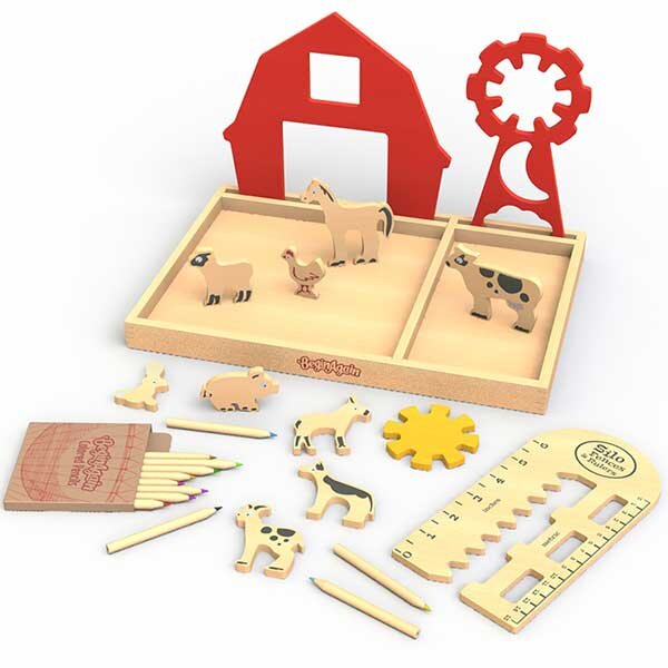 Wooden tray holds farm animals, red barn and windmill stand behind the tray, other animals and grain silo lay out in front of tray