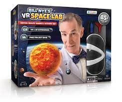 Dark blue box with Bill Nye's VR Science Lab printed on the front. Shows Bill Nye holding a planet in the palm of his hand. Virtual Reality glasses can be seen through a plastic window on the front of the box.