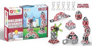 Box of Building Designers Creativity Kit shows examples of buildings that can be built with kit.