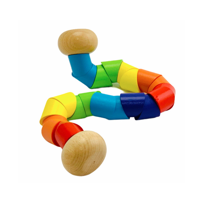 A wooden, jointed worm in rainbow colors with a wooden knob on each end.