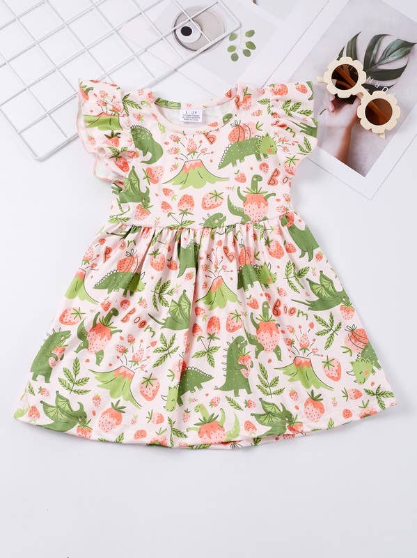 Summer Dinosaur Print Dress  ruffle sleeve twirl dress