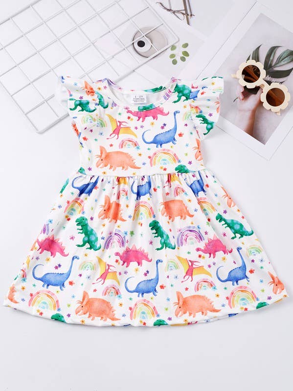 Summer Dinosaur Print Dress  ruffle sleeve twirl dress