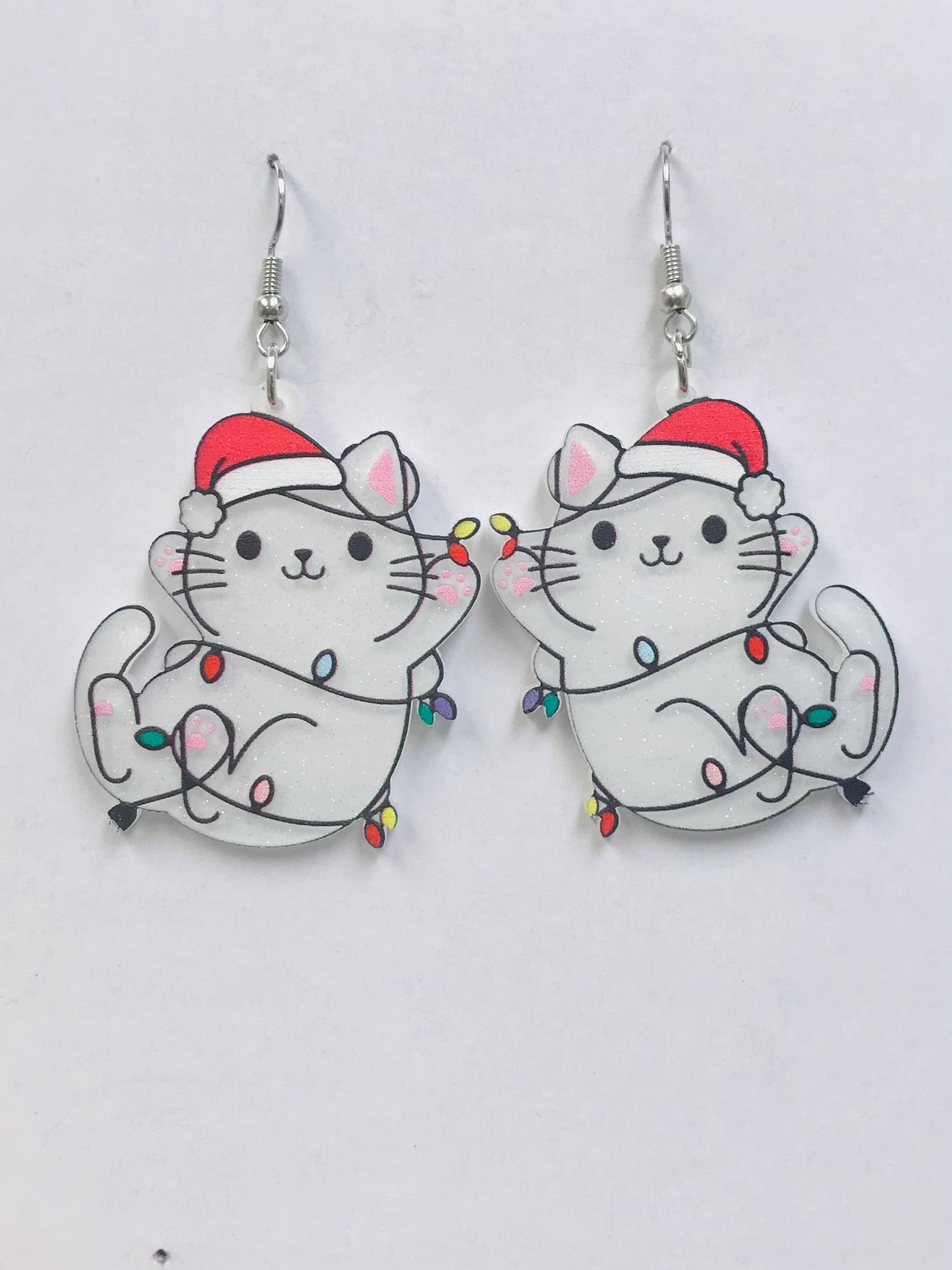 Cat Rolling with Christmas Lights Earrings Acrylic