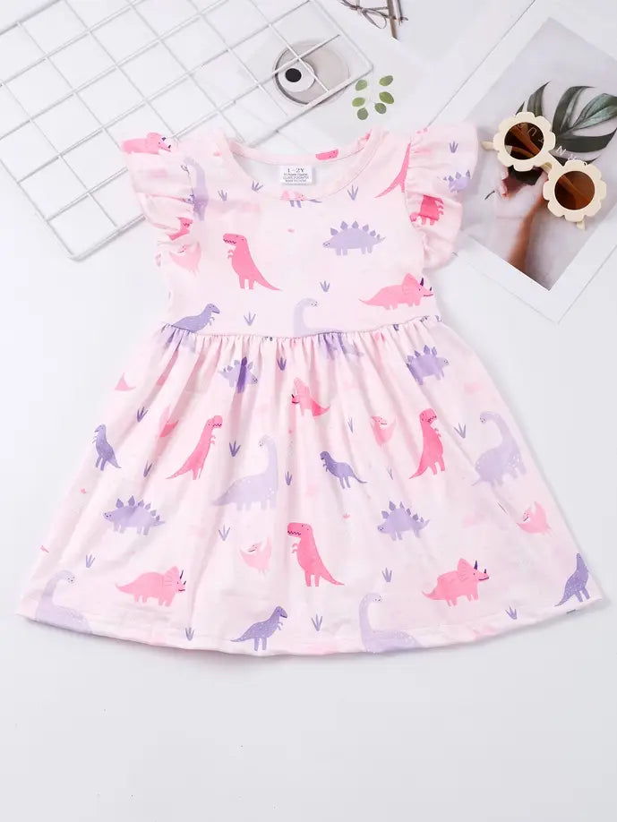 Summer Dinosaur Print Dress  ruffle sleeve twirl dress