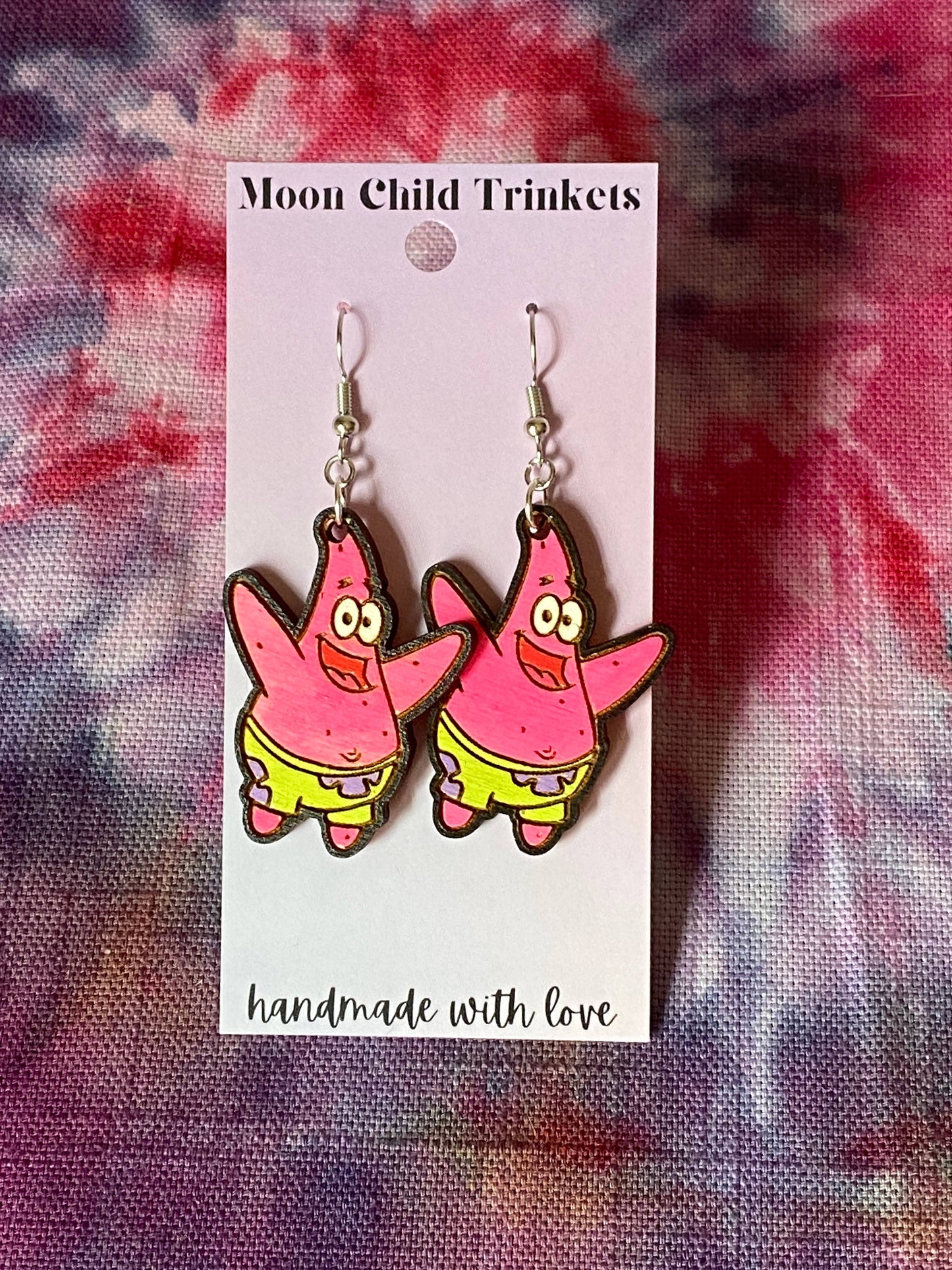 Spongebob Patrick Star Hand Painted Wood Dangle Earrings