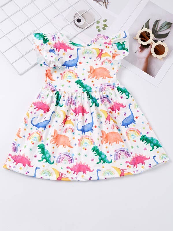 Summer Dinosaur Print Dress  ruffle sleeve twirl dress