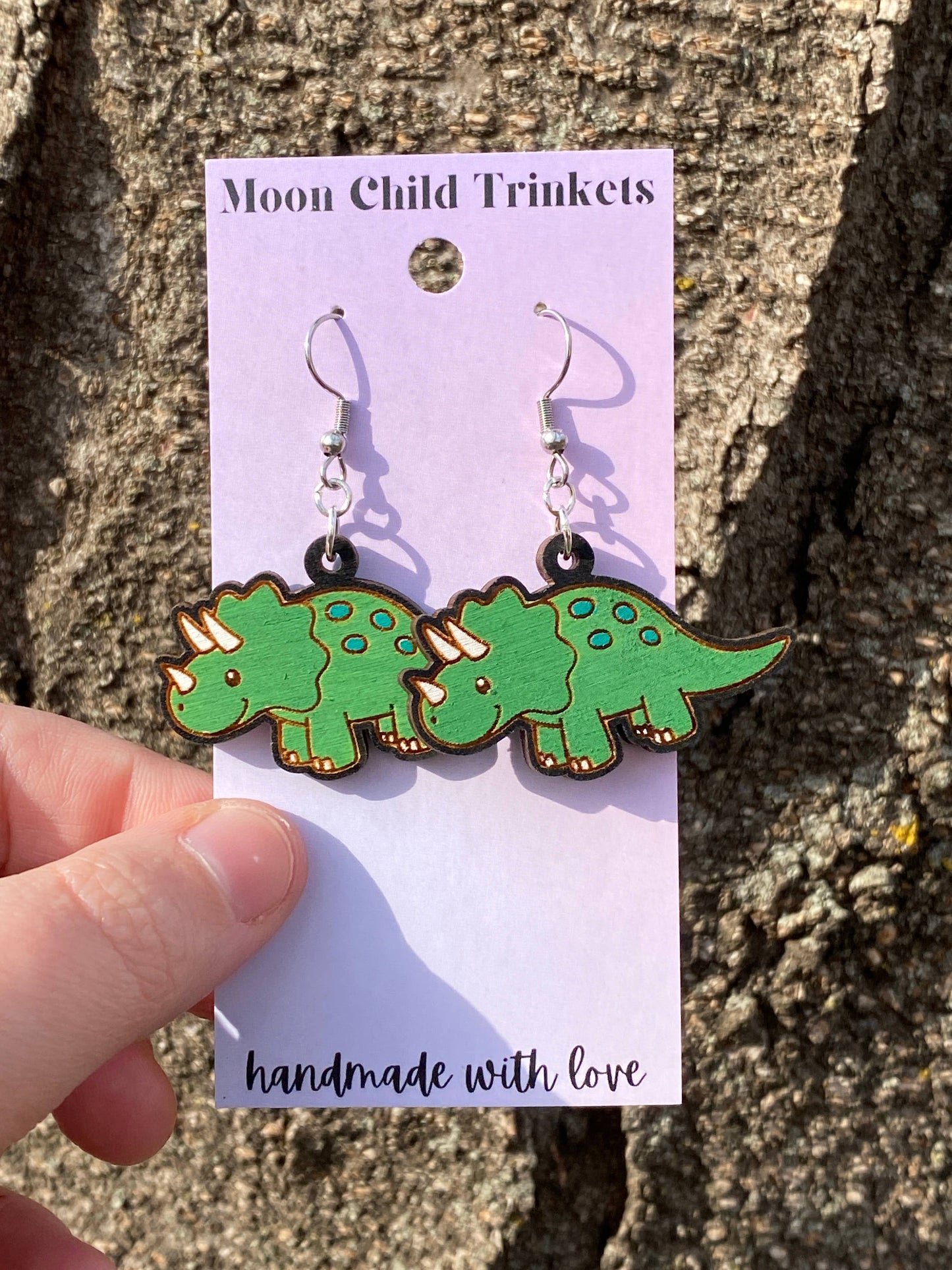 Triceratops Hand Painted Wood Dangle Earrings