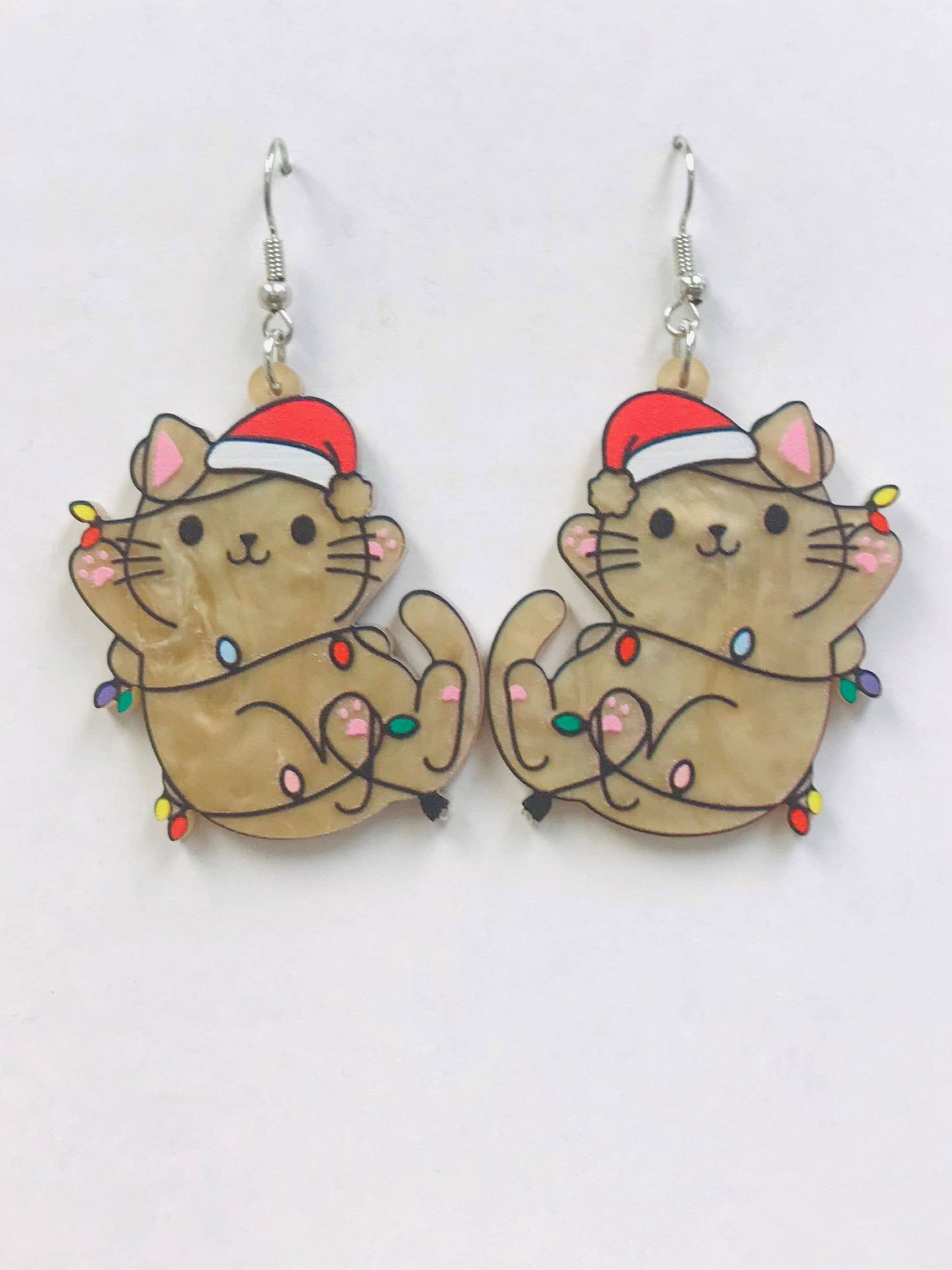 Cat Rolling with Christmas Lights Earrings Acrylic