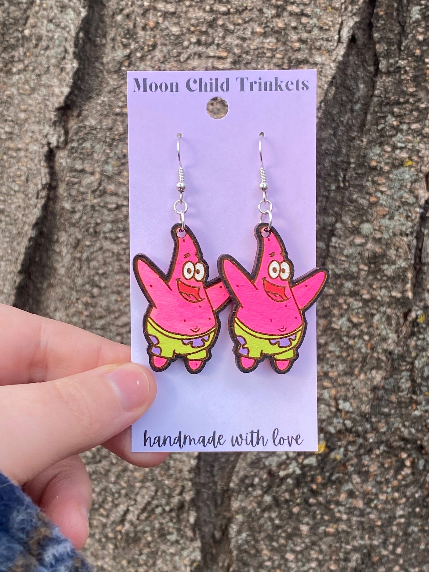 Spongebob Patrick Star Hand Painted Wood Dangle Earrings