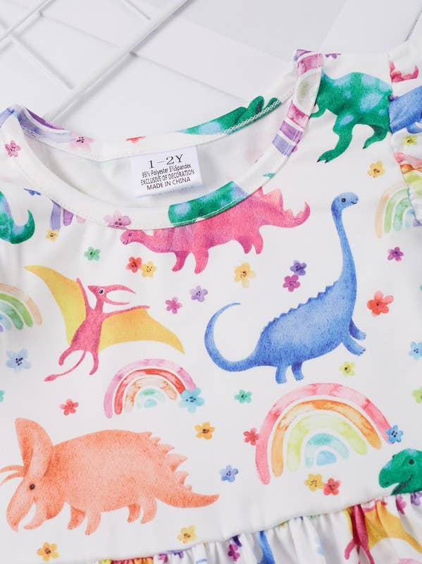 Summer Dinosaur Print Dress  ruffle sleeve twirl dress