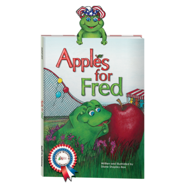 Book with frog staring confusedly at a red apple reads Apples for Fred