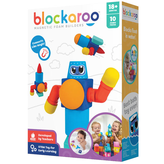 White box reads "blockaroo" and depicts different brightly colored robots built out of soft, magnetic blocks