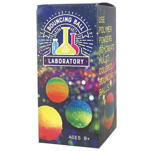Box says "bouncing ball laboratory" and shows brightly colored bouncing balls that can be made with kit