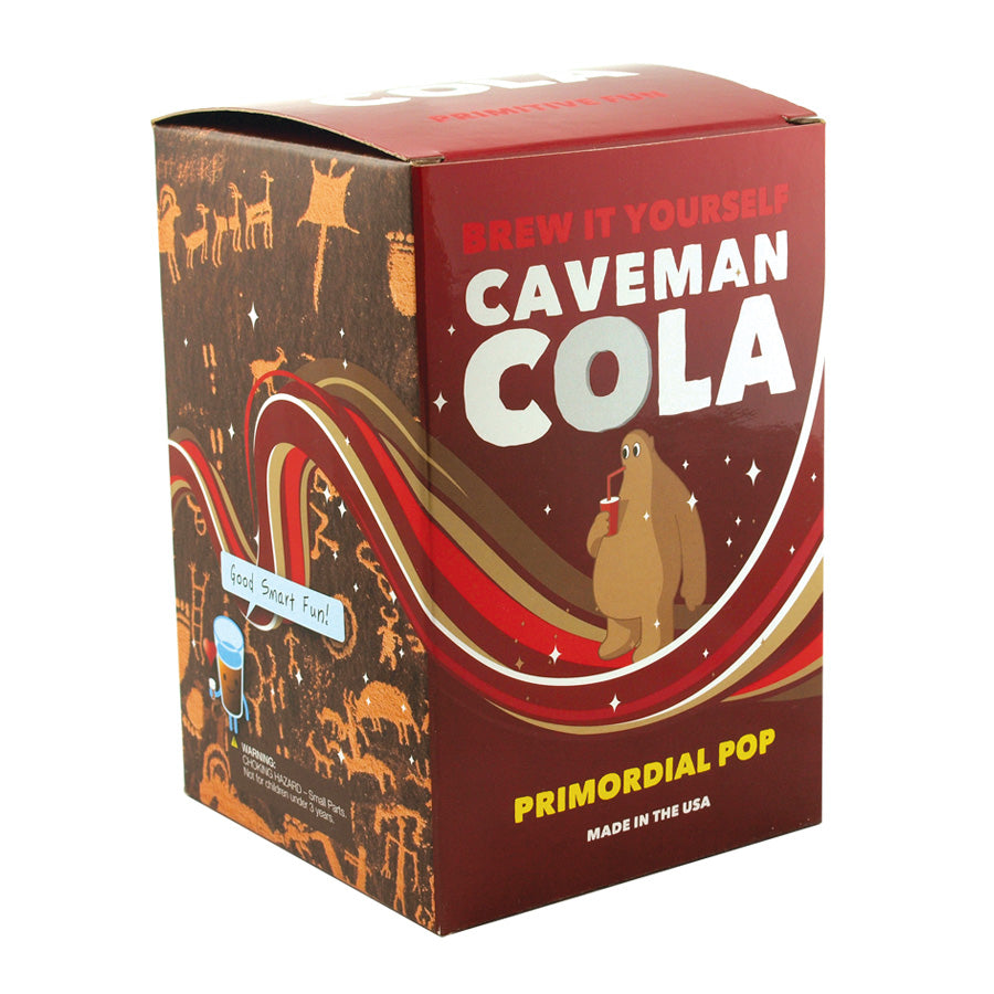 Red box says "Brew it yourself Caveman Cola: Primordial Pop" and shows an animated caveman drinking from a plastic cup and straw