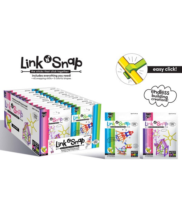 Box full of individually packaged Link n' Snap kits. Illustration shows close-up on how sticks connect to each other. 
