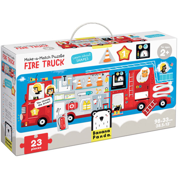 Large box reads Make-a-Match Puzzle: Fire Truck. Illustration shows completed puzzle of a fire truck where all the items in a fire truck can be seen. 