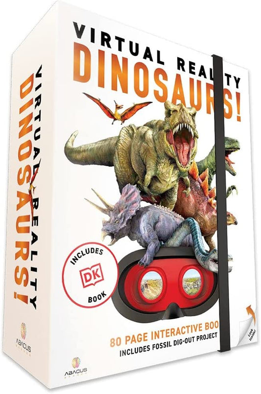 Large white book with Virtual Reality Dinosaurs printed on front. Several different types of dinosaurs are depicted to be coming out the top of the virtual reality glasses. 