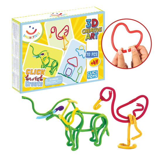 Soft and flexible plastic sticks are shaped into an elephant and flamingo in front of box that reads "3D creative art: Click, twist, create"