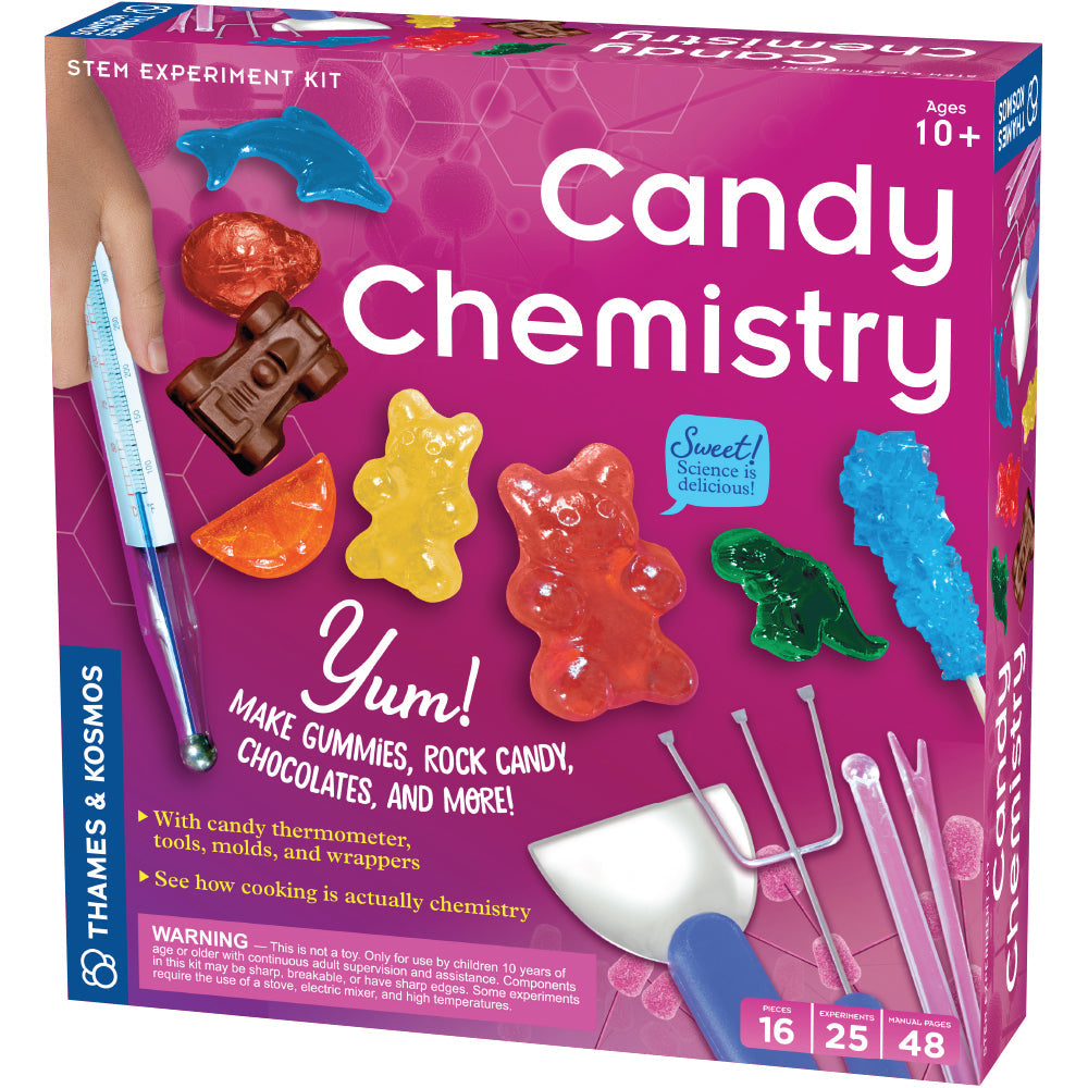 A bright pink box shows different candies that can be made with the kit and the tools included to make the candies