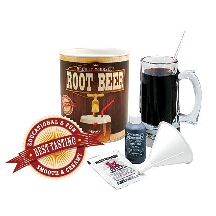 Kit shows a mug of root beer, a funnel, and liquid required to make your own root beer