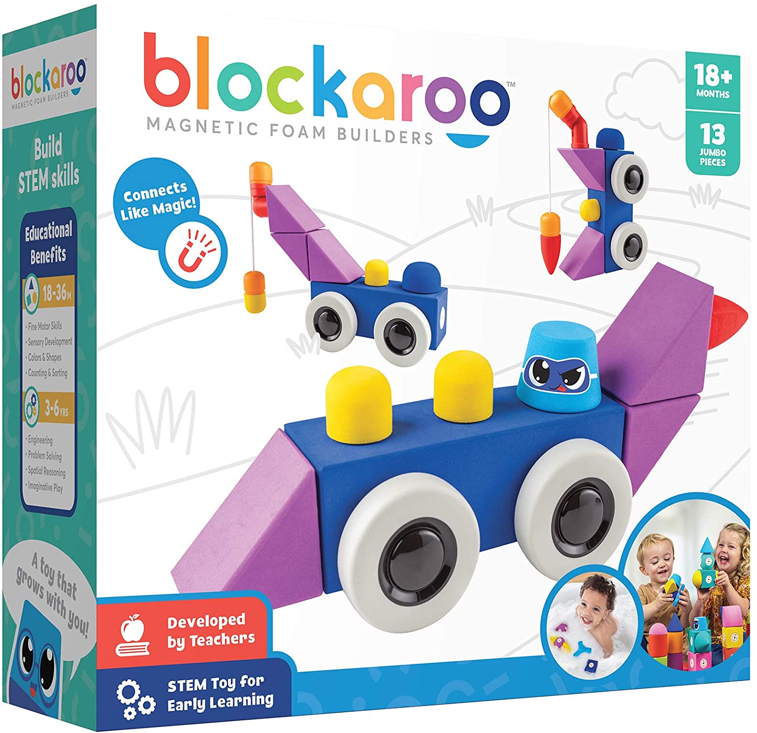 A white box says "blockaroo" and depicts different vehicles in bright colors that are built from soft, magnetic blocks