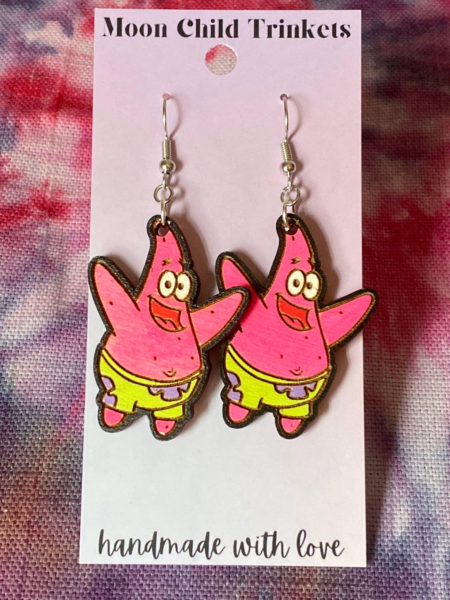 Spongebob Patrick Star Hand Painted Wood Dangle Earrings