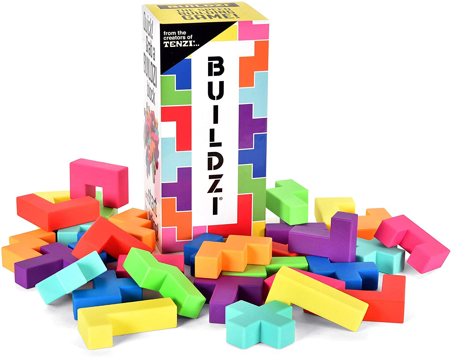 Brightly colored box with 3D Tetris-like pieces strewn out in front of it