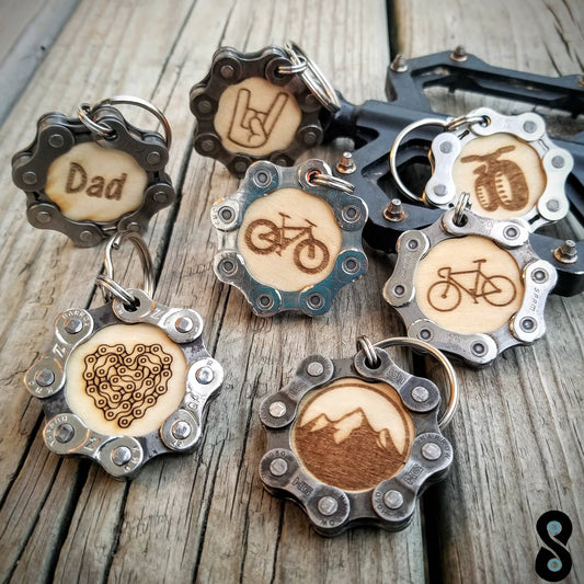 Assorted Bicycle Themed Keychains w/ Upcycled Bike Chain