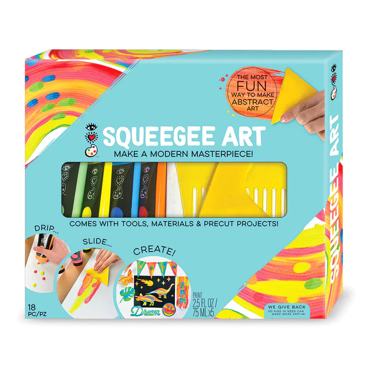 Blue box says "Squeegee Art" and shows different ways to use scraping tools on stencils or alone to make paintings