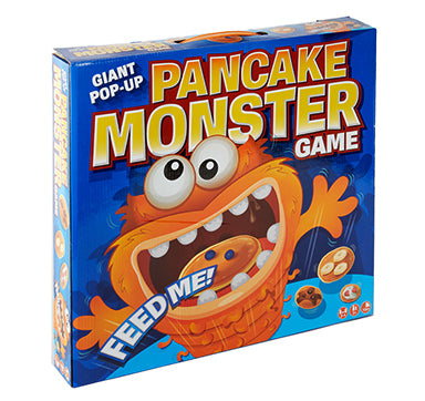 Blue box says "Pancake Monster game" and shows an orange monster with googly eyes eating pancakes and asking to be fed