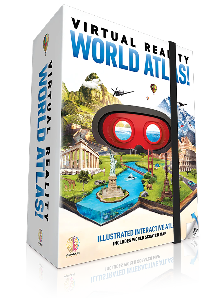 A large white book with Virtual Reality World Atlas! printed on the front. Monuments and landscapes from around the world are depicted with the virtual reality glasses in the center of everything. 