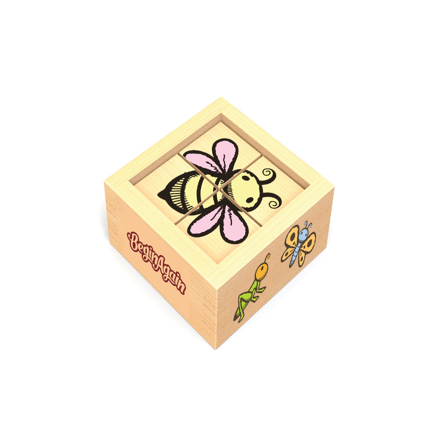 Wooden box holds wooden blocks that, together, form a picture of a bee