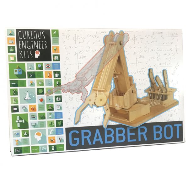 Box says "Grabber Bot" and shows wooden analog robot that can move up and down and grab things