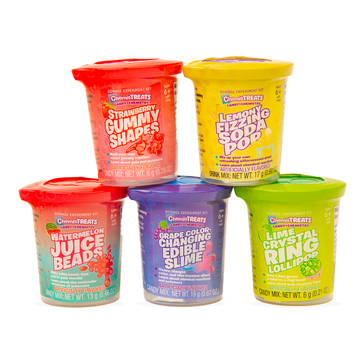 Brightly colored containers of the Chemistreats are stacked to show different flavors including: strawberry, lemon, watermelon, grape, and lime