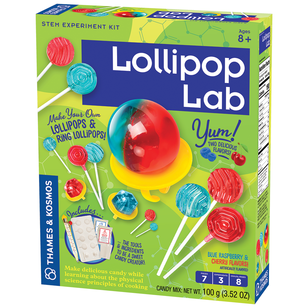 A bright green box with Lollipop Lab printed on the front. Images show lollipops that can be made in different shapes and two different flavors: blue raspberry and cherry. 