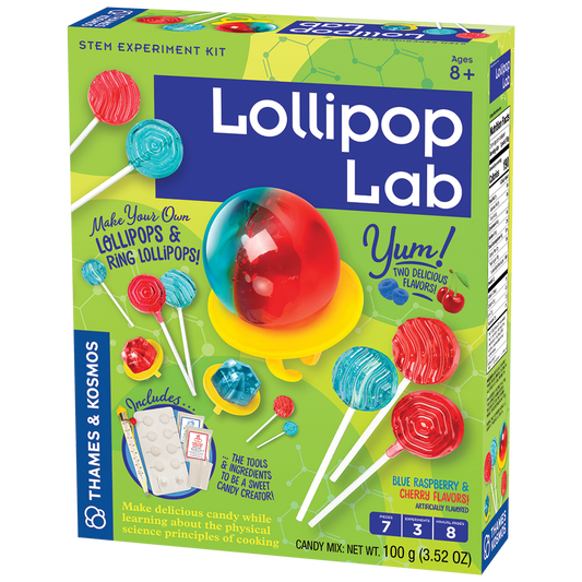 A bright green box with Lollipop Lab printed on the front. Images show lollipops that can be made in different shapes and two different flavors: blue raspberry and cherry. 