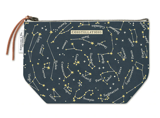 Dark blue canvas pouch has constellations labeled all over; zipper has leather pull tab. 