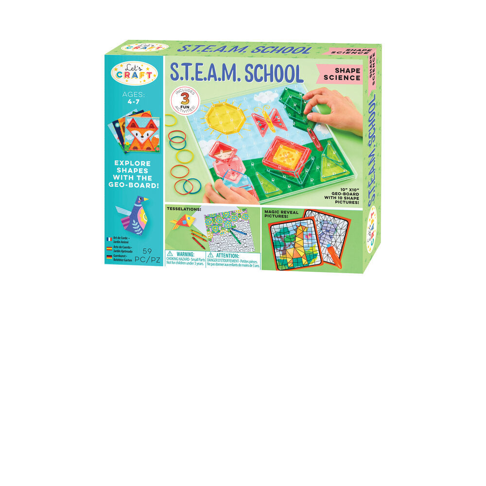 Green box says "S.T.E.A.M. School" and shows different drawings that can be made using the kit