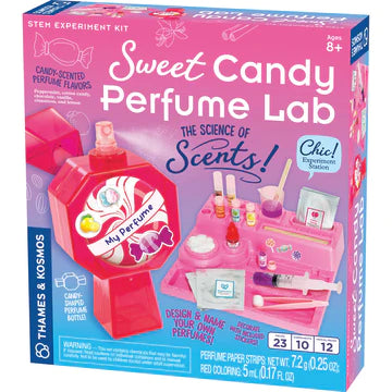 A blue and pink box with Sweet Candy Perfume Lab printed on the front shows the lab included inside and the bottle containing the custom-made perfume 