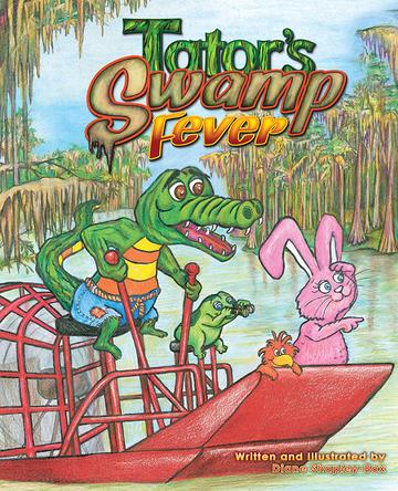 Book with alligator, bunny, frog, and bird in a swamp boat reads Tator's Swamp Fever