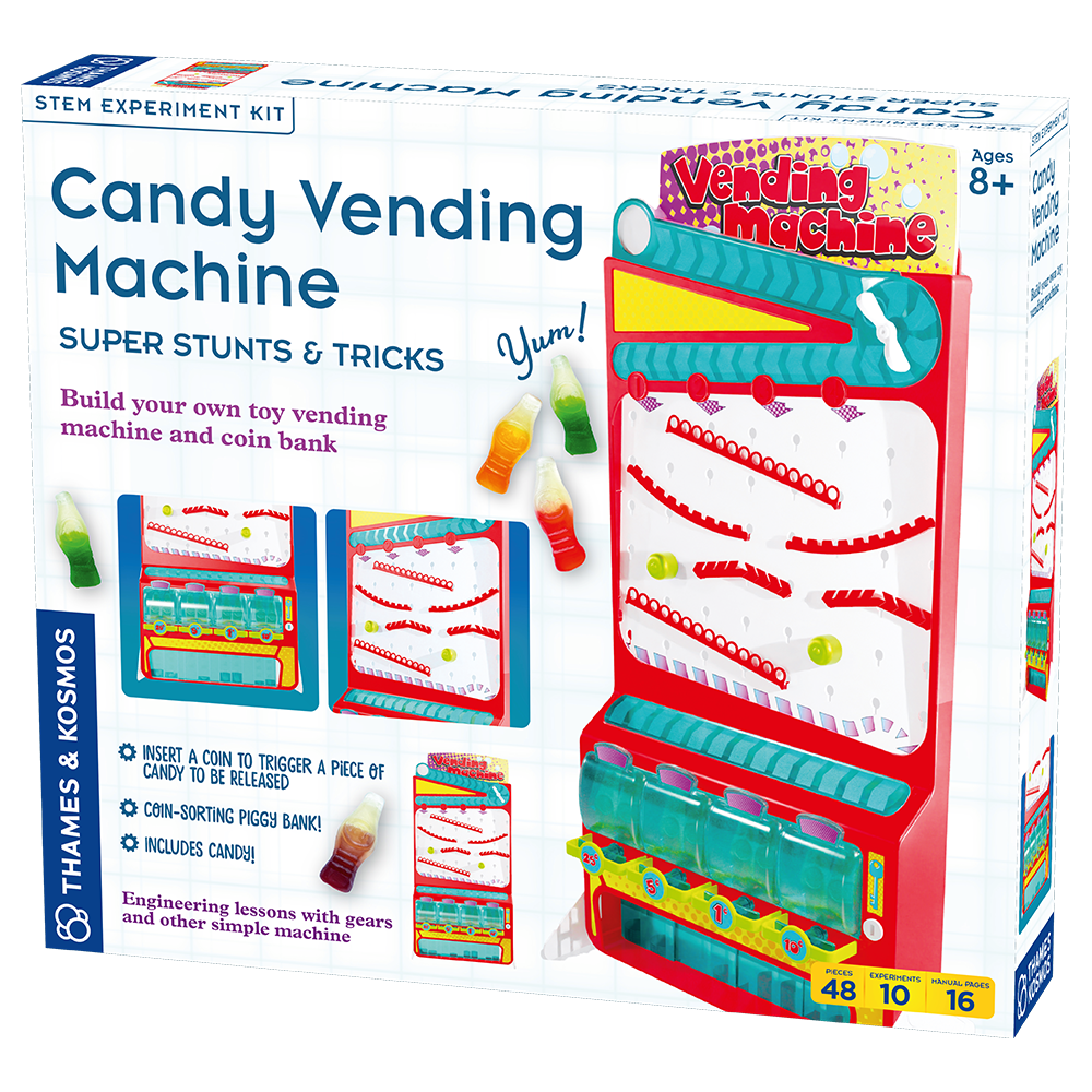 Candy vending machine box shows a depiction of the vending machine and some of the candy included in the kit