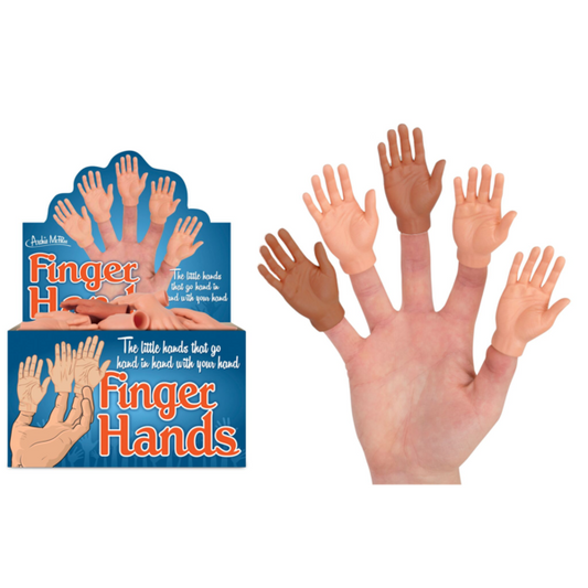 A box of Finger Hands sits next to an example of a hand wearing mini hands of different skin colors on each finger