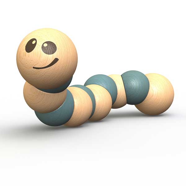 Blue and natural wooden jointed worm with smiley face