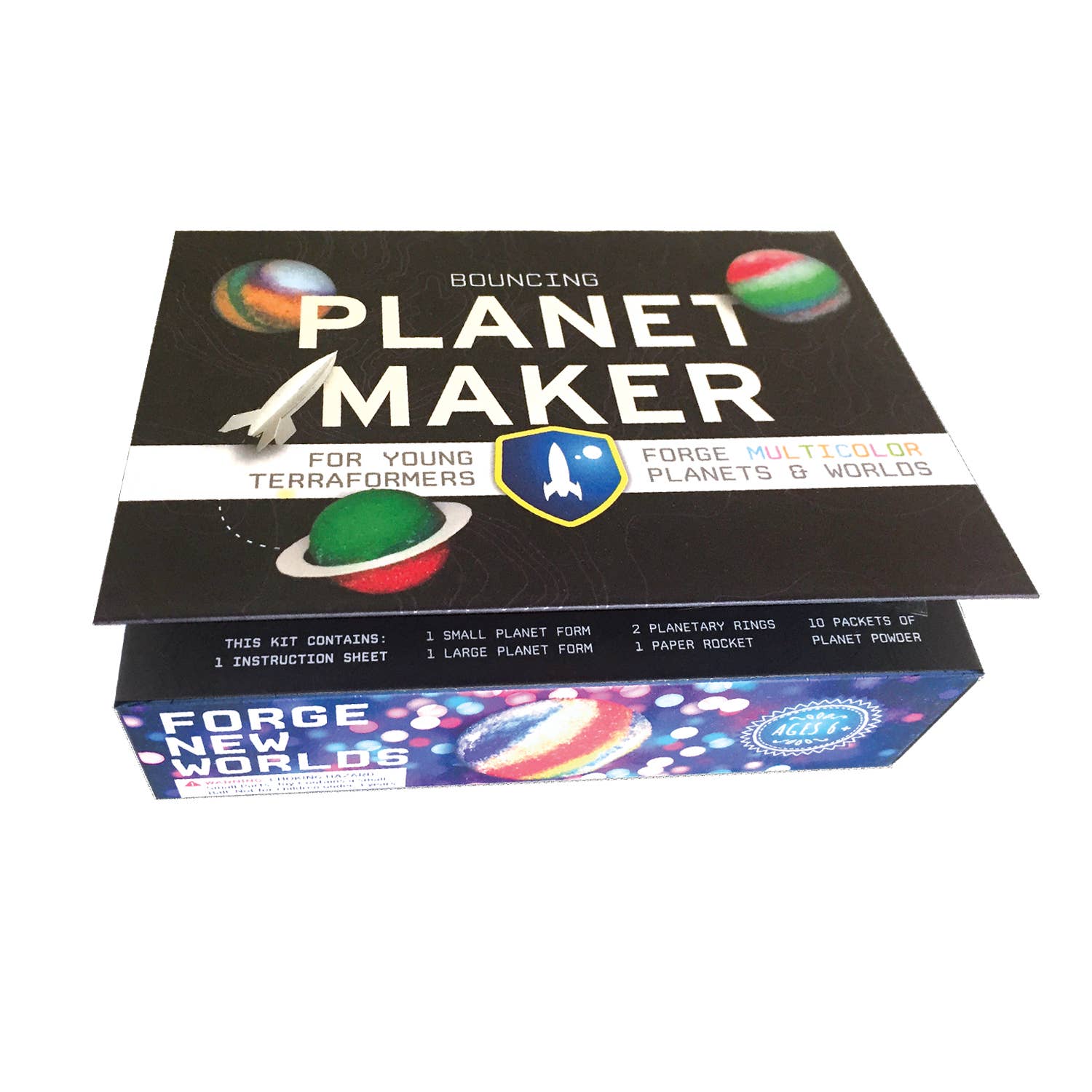A black box says "bouncing planet maker"  and shows three planet-colored bouncy balls that can be made from the kit
