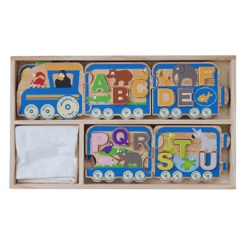 Wooden box holds wooden alphabet train parts and a mat to build puzzle on